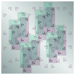 Abstract translucent pink and green rectangles, with leaf embellishments, on a gradient gray background with more leaf embellishments