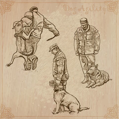 Dog training. Collection. Pack of freehand vector sketches. Line art.