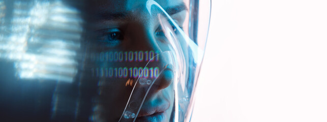 Beautiful woman in 3d glasses of virtual reality with futuristic holographic interface to display data. Augmented reality, game, future technology, AI concept. VR. Blue neon light.