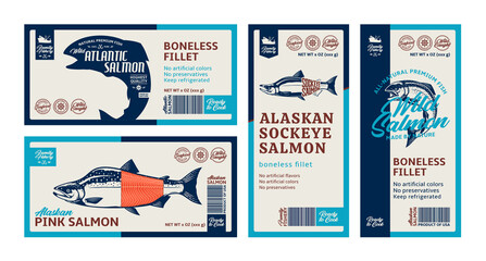 Fototapeta na wymiar Vector salmon horizontal and vertical labels. Atlantic, chinook, sockeye, and pink salmon fish illustrations. Seafood labels for fisheries, groceries, packaging, and advertising