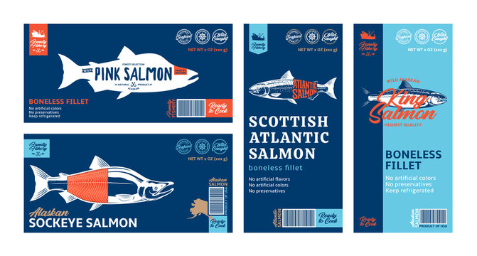 Vector salmon horizontal and vertical modern style labels. Atlantic, sockeye, chinook, and pink salmon fish illustrations