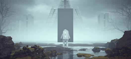 Astronaut Alien Landscape Mysterious Black Obelisk Floating near a Foggy Abandoned Brutalist Style Architecture in the Distance 3d illustration render  © paul