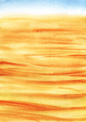 Abstract watercolor background. Endless desert land below dazzling blue and white sky. Desolate plain with sandy hills. Hand drawn blurry illustration of yellow sands