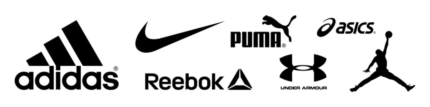 Adidas, Nike, Asics, Jordan, Puma, Under Armour - logos of equipment and sportswear company. Kyiv, Ukraine - January 17, 2021 Stock Vector | Stock