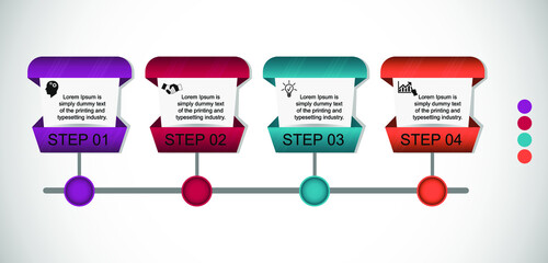 Business data visualization, infographics. Scheme of the process of elements using graphics, diagrams in four stages, numbers, text, options, parts. Business vector for presentation.