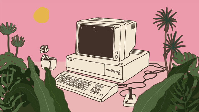 Retro vintage PC system with computer peripherals crt monitor, floppy disk, keyboard and game joystick and extra coffee cup, with pastel tropical leaves decoration, cute vintage working machine illust
