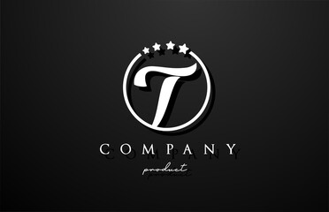 T alphabet letter logo for corporate and company in black and white color. Design with circle and star. Can be used for a luxury brand