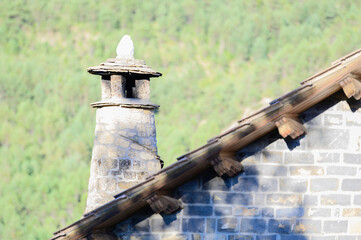 typical stone fireplace of mountain house