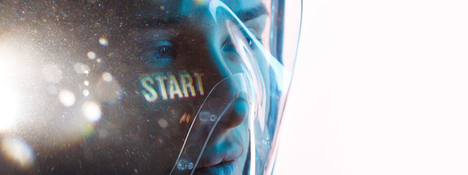 Beautiful woman in futuristic costume over white background. Girl in 3d glasses of virtual reality. Augmented reality, game, future technology, AI concept. VR. Blue neon light.