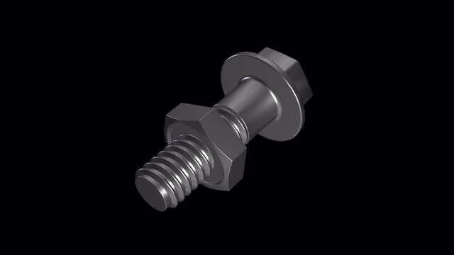 Bolt and nut. The animation of the tightening nut and bolt metal Grey. The bolt is at an angle. Nut on the front. . Video without background. Isolated object with an alpha channel. 4444 4k 3D.