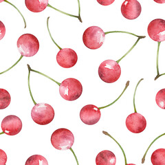 Pattern with ripe watercolor cherries
