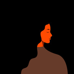 Woman silhouette in backlight. Profile of woman. Portrait of a beautiful girl with long black hair. Woman with closed eyes. Vector Illustration
