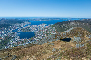 View from the peak of the mountains to the harbor in the city