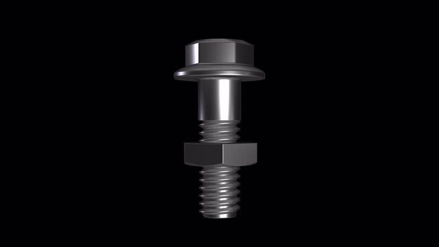 The bolt and nut. The animation of the tightening nut and bolt metal Grey. Static vertical bolt. Video without background. Isolated object with an alpha channel. 4444 4k 3D Realistic