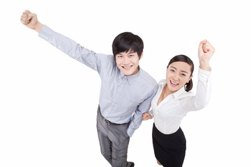 Portrait of business man and business woman cheering