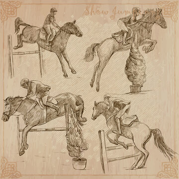 Horses - show jumping. Collection, pack of freehand vector sketches. Line art.