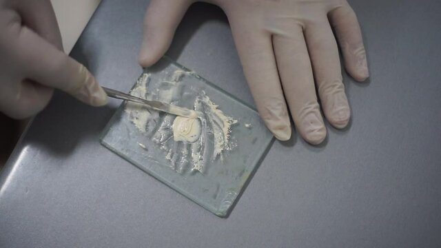 Restorative materials manipulation in dental clinic on glass slab