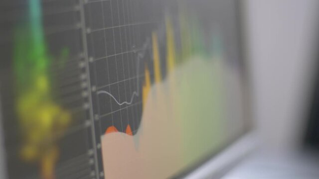 Close up of a digital audio frequency analysing and displaying tool during a recording session in an audio studio. Panning movement with racking focus. Shot in 4K.