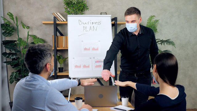 Businessman Motivate Offline Online Employees Business Team Give Five Applaud Together Celebrating Victory Good Teamwork Result. Man And Woman In Protective Medical Mask, Social Distancing In Office