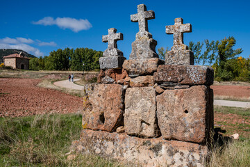 crosses on the road, Ermita de Santa Coloma, Albendiego, Guadalajara province, Spain