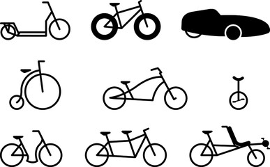 Ungewöhnliche Fahrrad Icons Set, Kontur, Flat Design, schwarzweiß, Vektor Grafik © Claudia