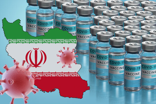 Iran To Launch COVID-19 Vaccination Campaign. Coronavirus Vaccine Vials, Covid 19 Cells, Map And Flag Of Iran On Blue Background. Fighting The Epidemic. Research And Creation Of A Vaccine.