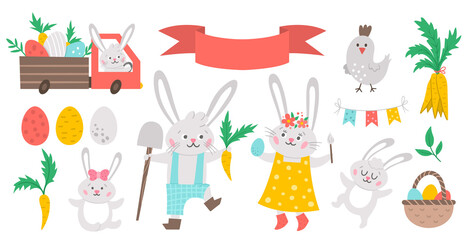 Vector Easter bunny family set. Rabbit mother, father, daughter and son with spring elements isolated on white background. Cute animal icons pack for kids. Funny truck with eggs and carrots..