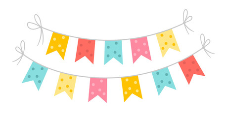 Vector rectangle flags for holidays decoration. Cute funny hanging carnival pennants illustration for card, invitation, banner design. Bright festival or fair garland isolated on white background. .