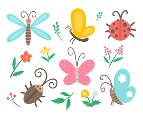 Vector flat insect and first flower icons pack. Funny spring garden collection. Cute ladybug, butterfly, beetle, dandelion illustration for kids isolated on white background. Bugs and plants set.
