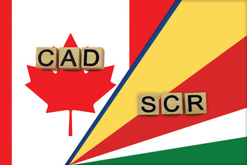 Canada and Seychelles currencies codes on national flags background