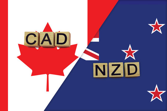 Canada and New Zealand currencies codes on national flags background