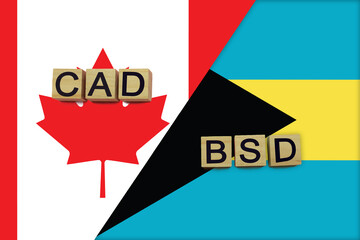 Canada and Bahamas currencies codes on national flags background