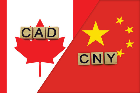 Canada and China currencies codes on national flags background