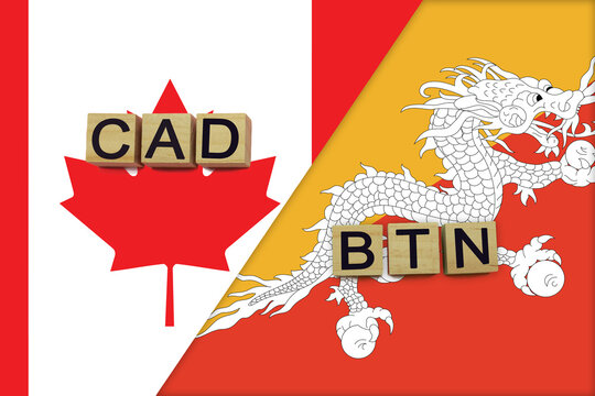 Canada and Bhutan currencies codes on national flags background