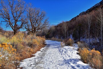 Winter snow mountain hiking trail views Yellow Fork Canyon County Park Rose Canyon by Rio Tinto Bingham Copper Mine, in winter. Salt Lake City, Utah. United States.