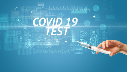 Syringe needle with virus vaccine and COVID 19 TEST inscription, antidote concept