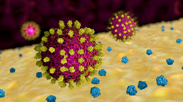 Covid 19 red virus with yellow spikes floating on a surface with blue proteins on a dark red background. 3D Illustration