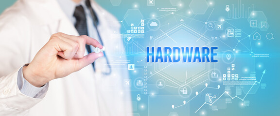 Doctor giving a pill with HARDWARE inscription, new technology solution concept