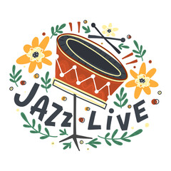 Jazz festival poster template. Lettering and floral decoration
