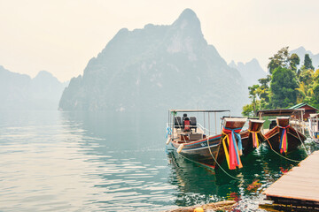 boats on the lake in Khao Sok National Park, Thailand