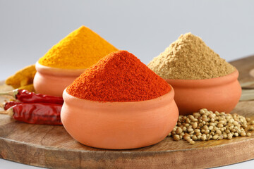 Indian spices Chilli Powder Turmeric powder Coriander powder in terracotta bowls 