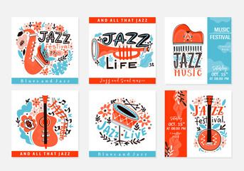 Jazz festival poster template. Lettering and floral decoration