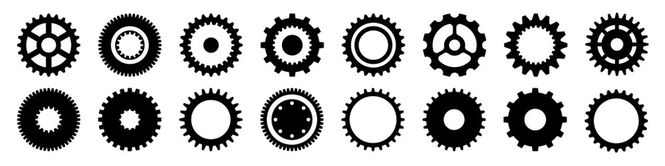 Simple gear icons. Wheels set on black background. Vector white cogwheels collection. 