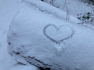 Herz im Schnee im Wald 