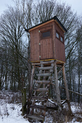 Hunting towers - elevated places for hunters on the edges of fields, forests in Central Bohemia at...