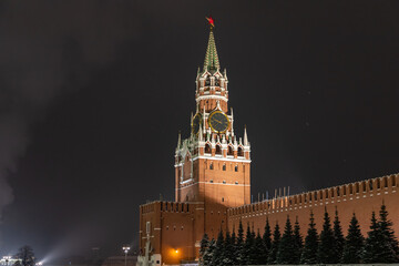 Fototapeta na wymiar A Spasskaya tower of Kremlin, view at winter night. Moscow, Russia
