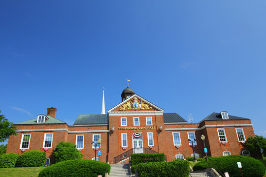 Ellsworth City Hall building against the blue sky