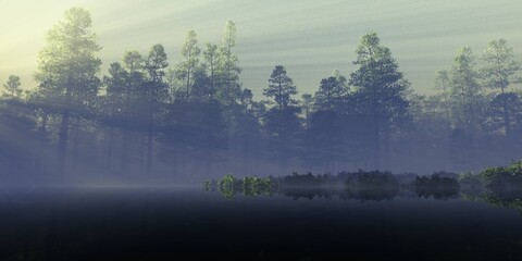 River in the morning in the fog, lake in the haze, forest over the water in the sun, trees in the fog over the water, 3D rendering