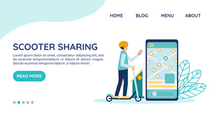 Electric scooter rental website landing page, vector template concept. Man in helmet unlocks the e-scooter with app near charging station. Smartphone with accessible transport map