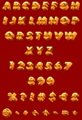 3D Golden Alphabet, Numbers, Punctuation Marks, Money Symbols in Vector. Global Colors Used.